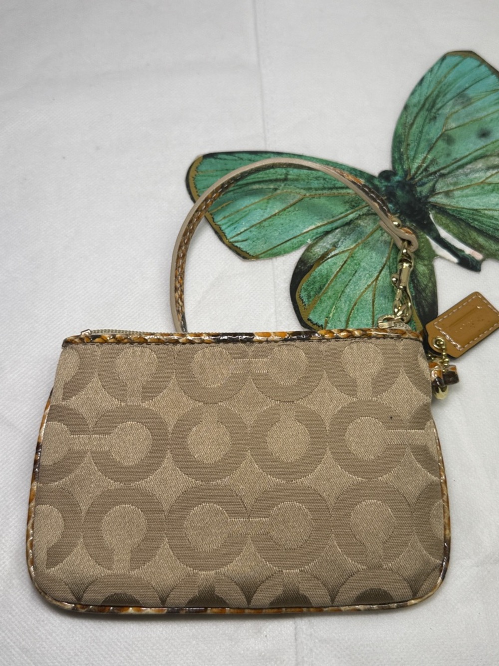 EUC Coach Tan Signature Wristlet with Snakeskin Trim Khaki Signature C Canvas - Picture 6 of 12